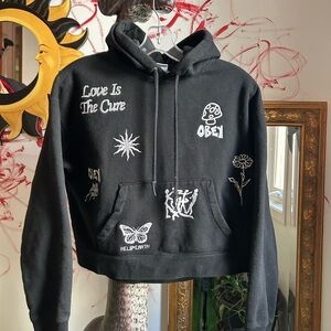 HOST PICK Obey Black Hoodie Cropped with Embroidered White Detail Small